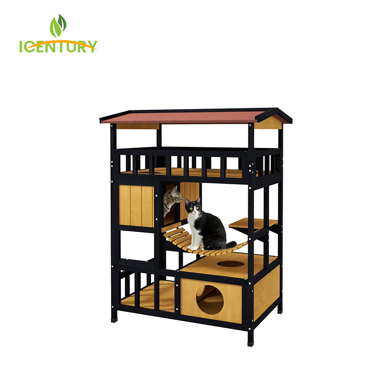 4 Tier Wooden Cat House With Suspension Bridge, Balcony, Escape Doors