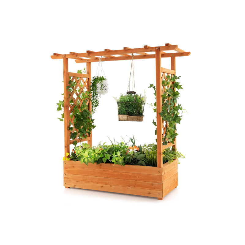 Wooden Garden Planter Rack With Trellis for Vine Climbing Plants