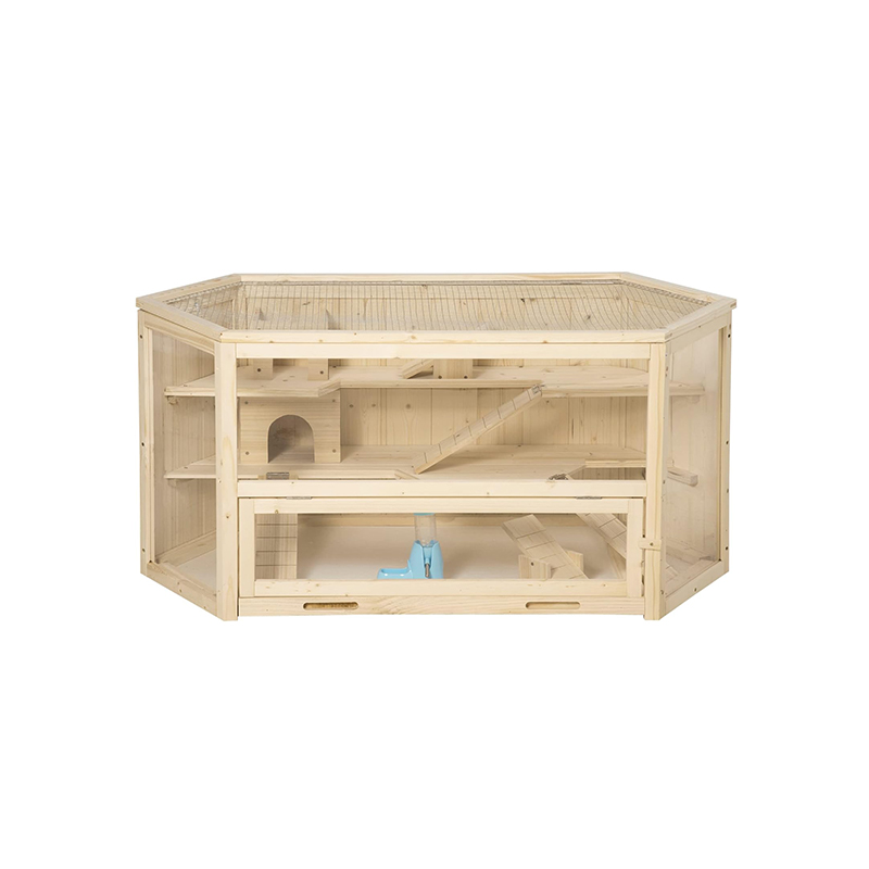 Wooden Hamster Play House with Sliding Tray, Water Bottle & Seesaws